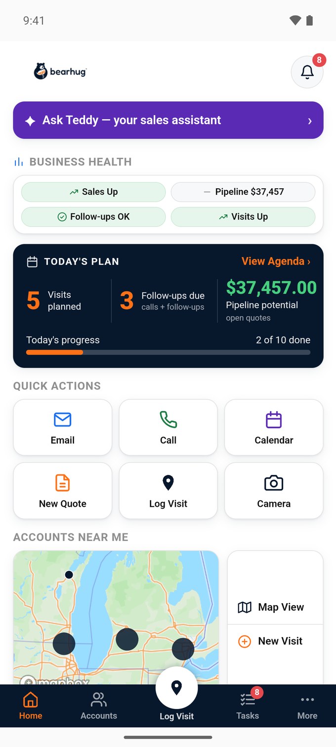 Bearhug mobile app home showing the Teddy assistant, business health, today's plan, quick actions, and accounts near me