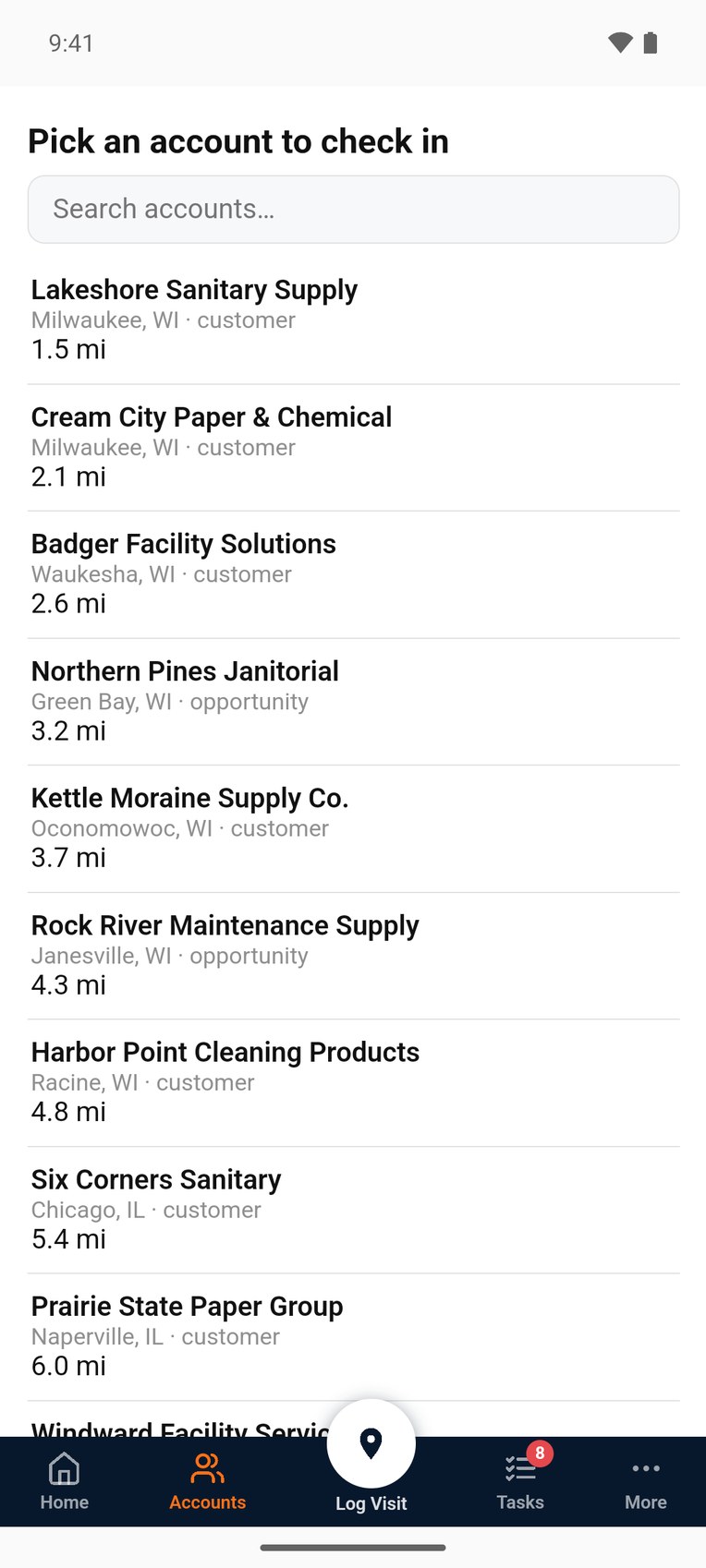 Bearhug field app check-in screen listing nearby accounts with city, stage, and distance