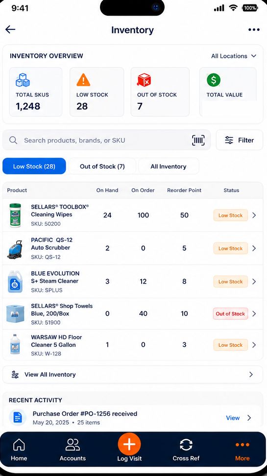Bearhug mobile inventory screen with low-stock alerts, reorder points, and on-hand levels
