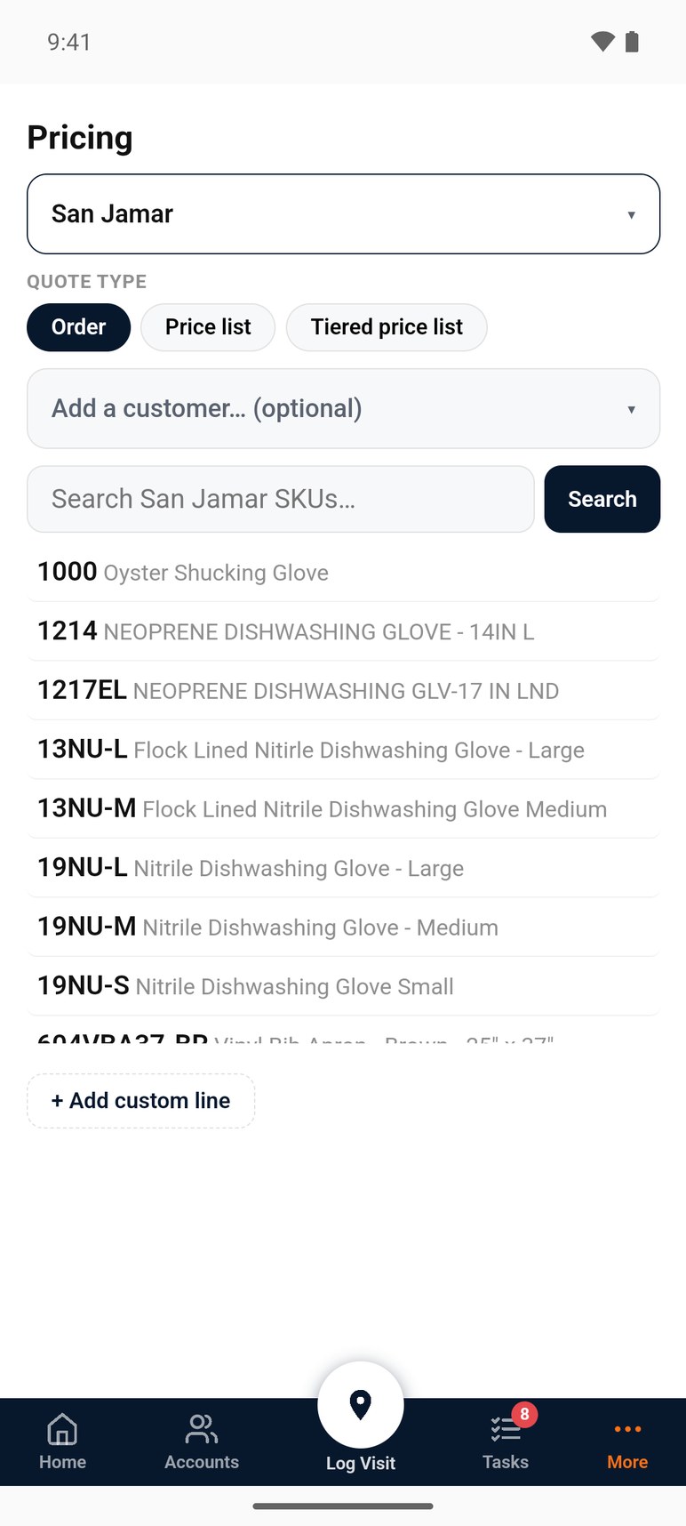 Bearhug quote builder with a manufacturer selected and its product list ready to add to a quote
